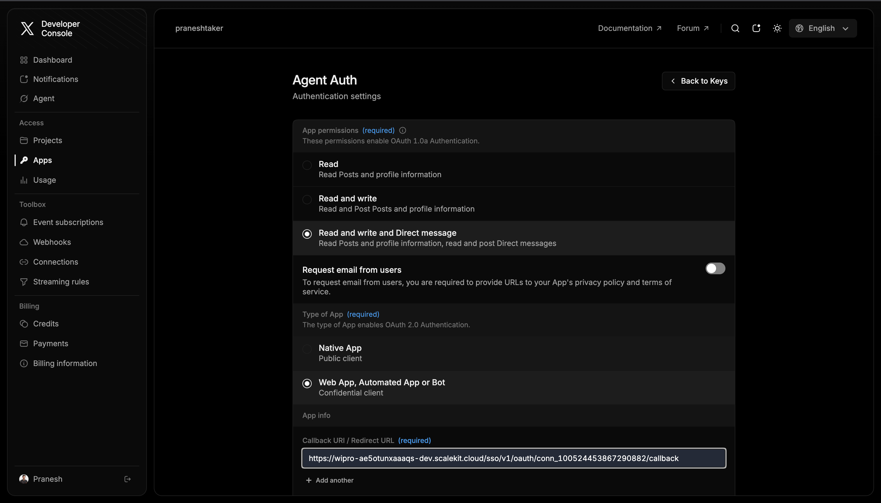 X Developer Console Create New Client Application dialog