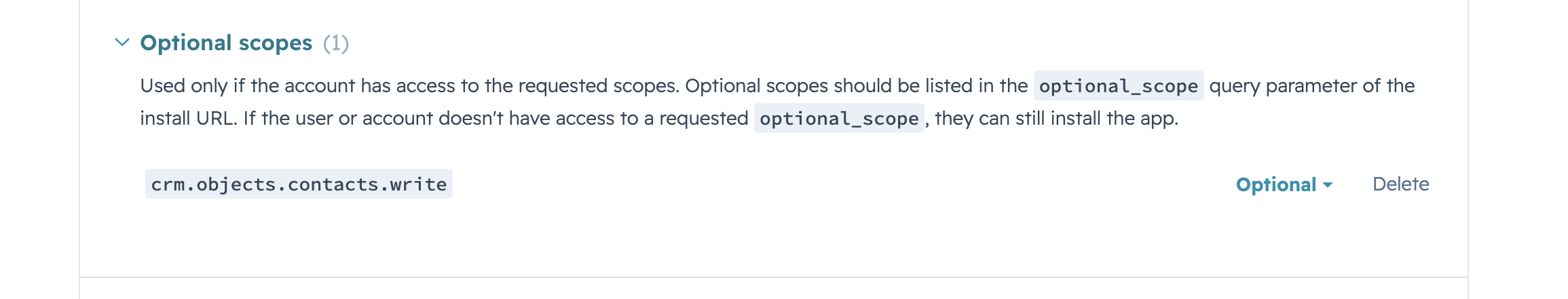 HubSpot Scopes page showing Required, Conditionally required, and Optional scopes sections